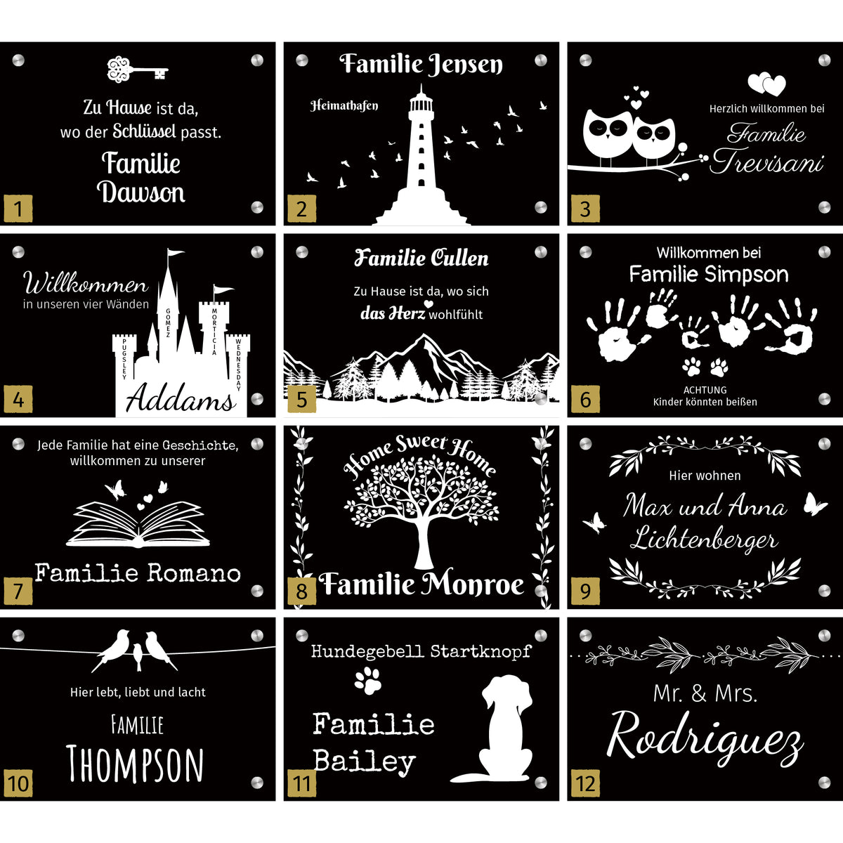 Personalisierbares Schiefertürschild rechteckig quer mit Familiennamen, graviert mit Motiven wie Hund, Katze, Blumen, Vogel, Stern und Baum