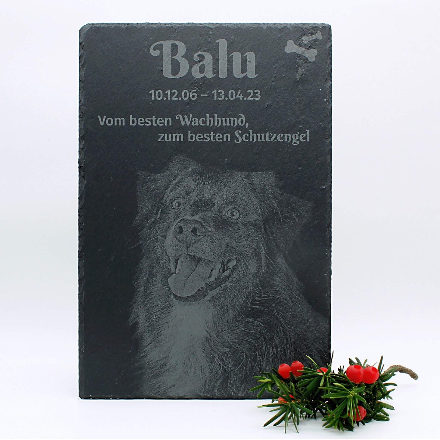 Personalisierte Gedenktafel aus Schiefer für geliebte Haustiere, mit individuellem Foto und Gravur, ab 15x20 cm