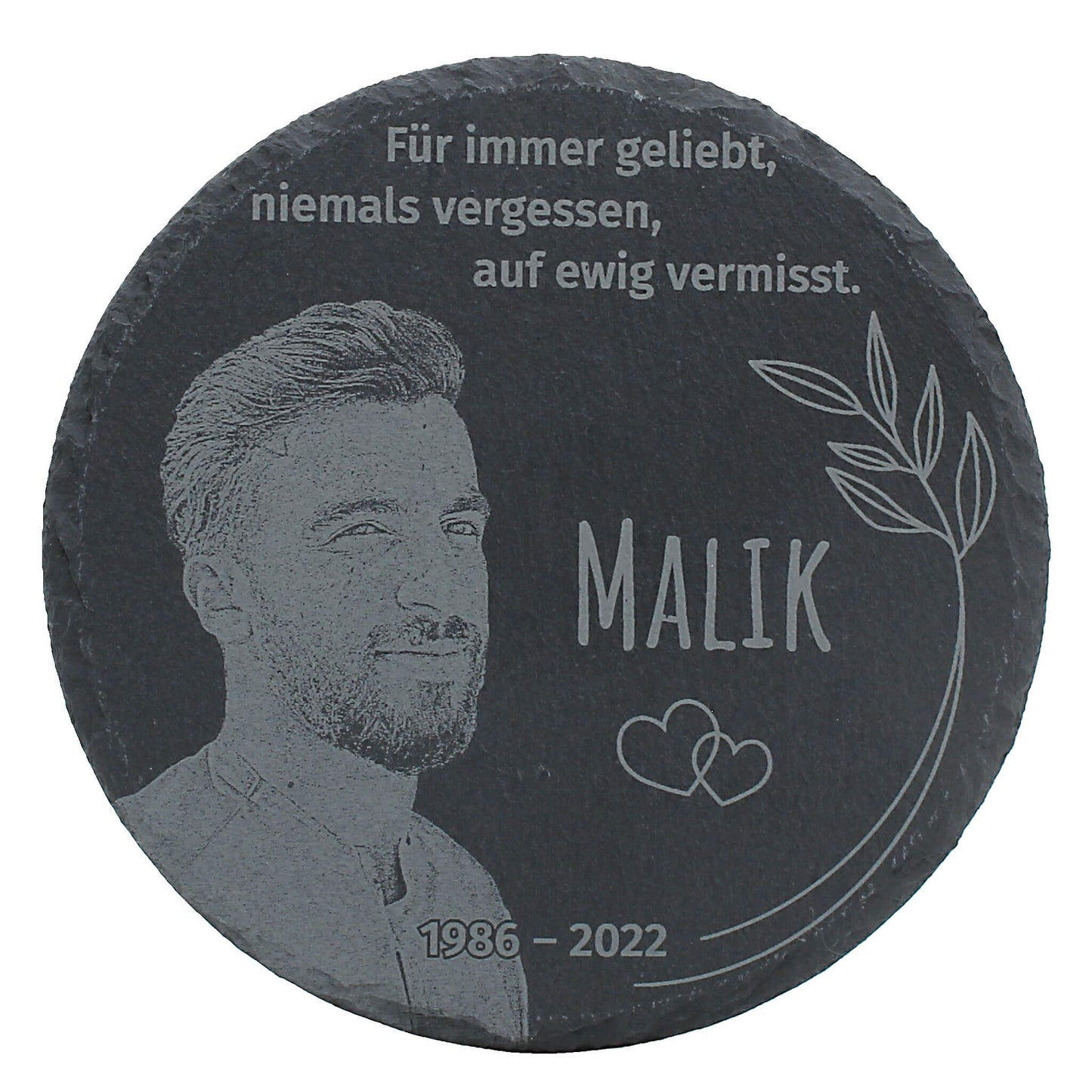 Runde Gedenktafel aus Schiefer mit persönlicher Gravur und Foto – Ø 15 cm, individuelles Andenken an einen geliebten Menschen.
