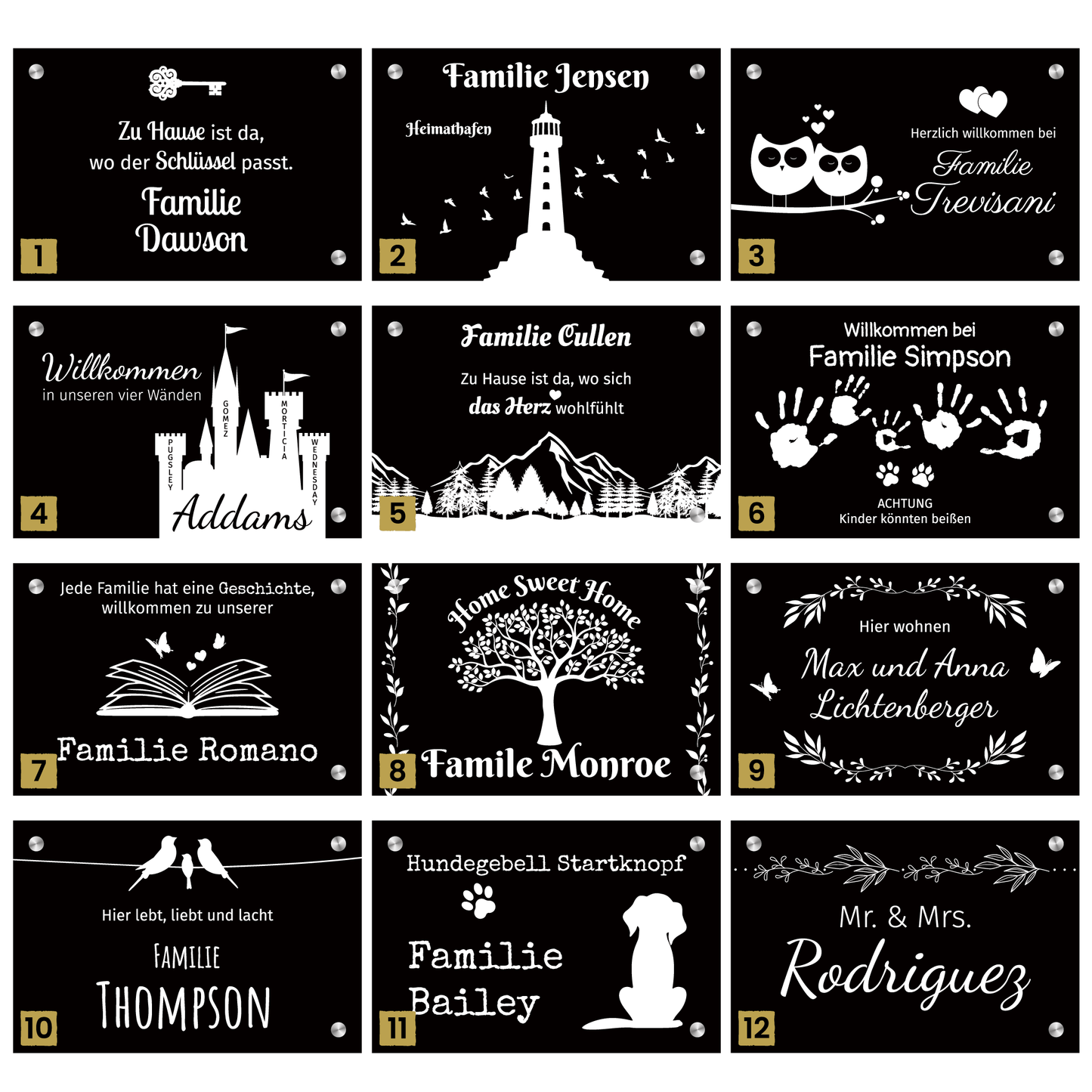 Personalisierbares Schiefertürschild rechteckig quer mit Familiennamen, graviert mit Motiven wie Hund, Katze, Blumen, Vogel, Stern und Baum