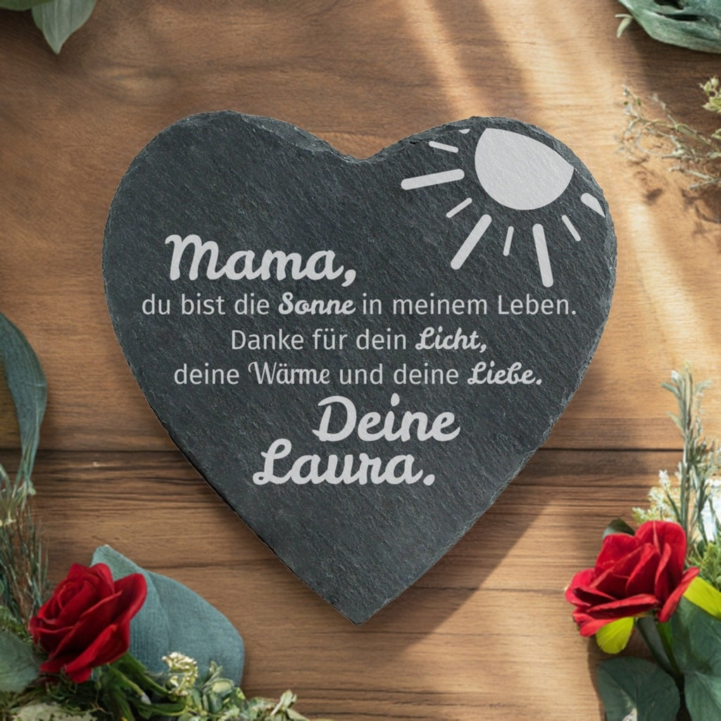 Schieferherz mit Name personalisiert - Mama du bist die Sonne