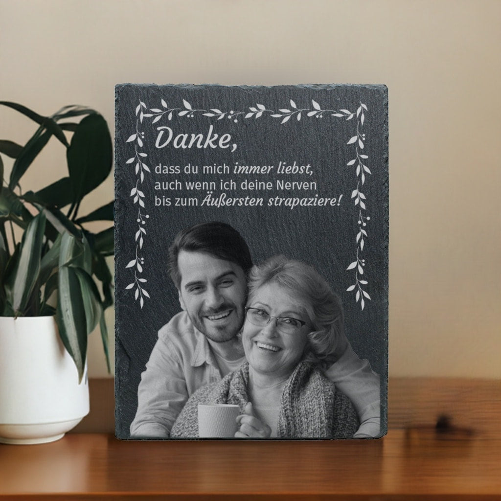 Schiefertafel mit Fotogravur und Text zum Muttertag - Danke Mama