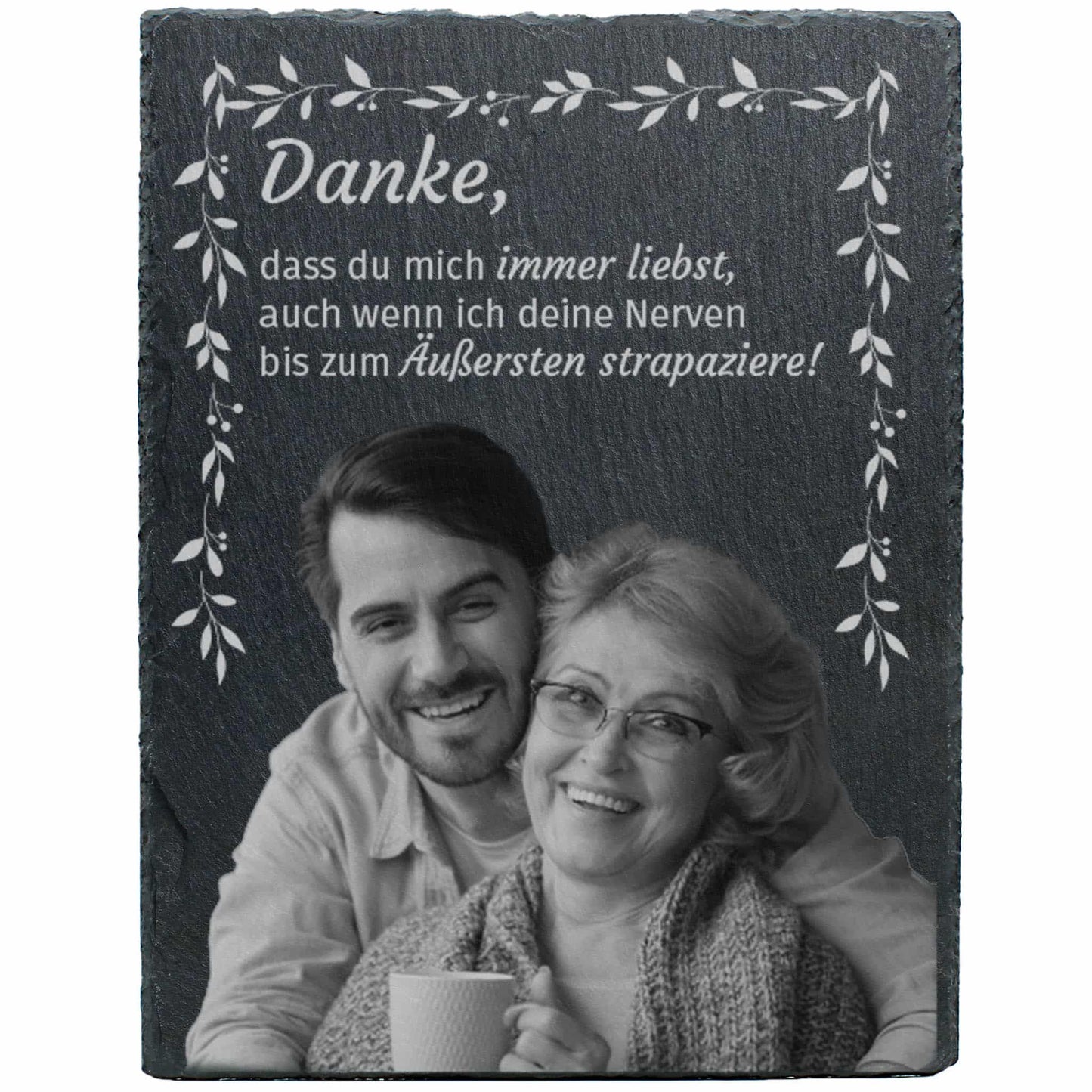 Schiefertafel mit Fotogravur und Text zum Muttertag - Danke Mama