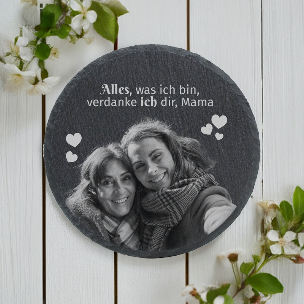 Runde Schiefertafel mit Fotogravur und Text zum Muttertag