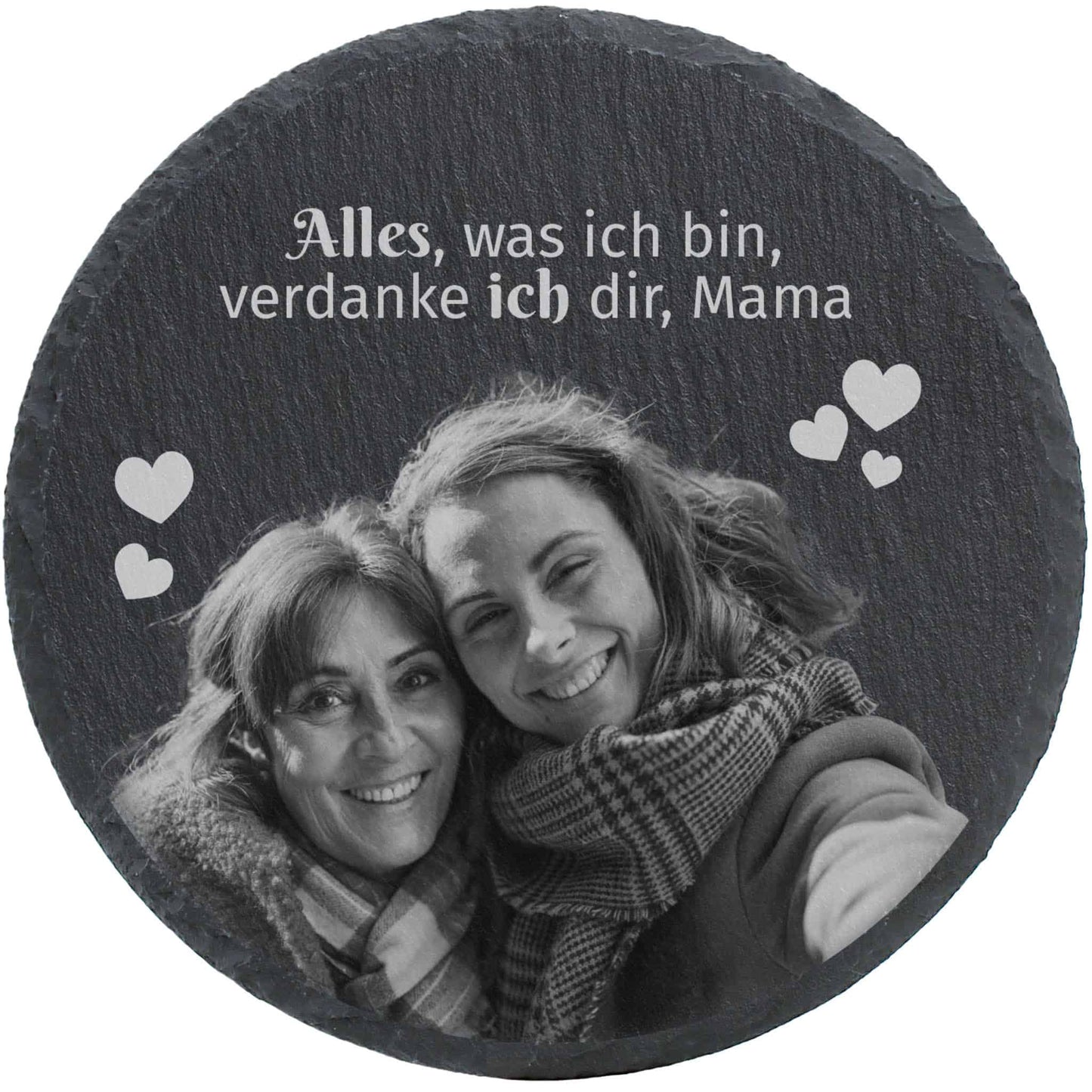 Runde Schiefertafel mit Fotogravur und Text zum Muttertag