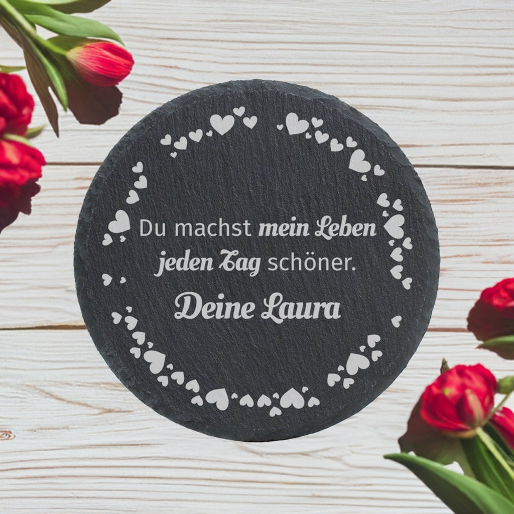 Personalisierte runde Schiefertafel mit Text - Jeden Tag schöner