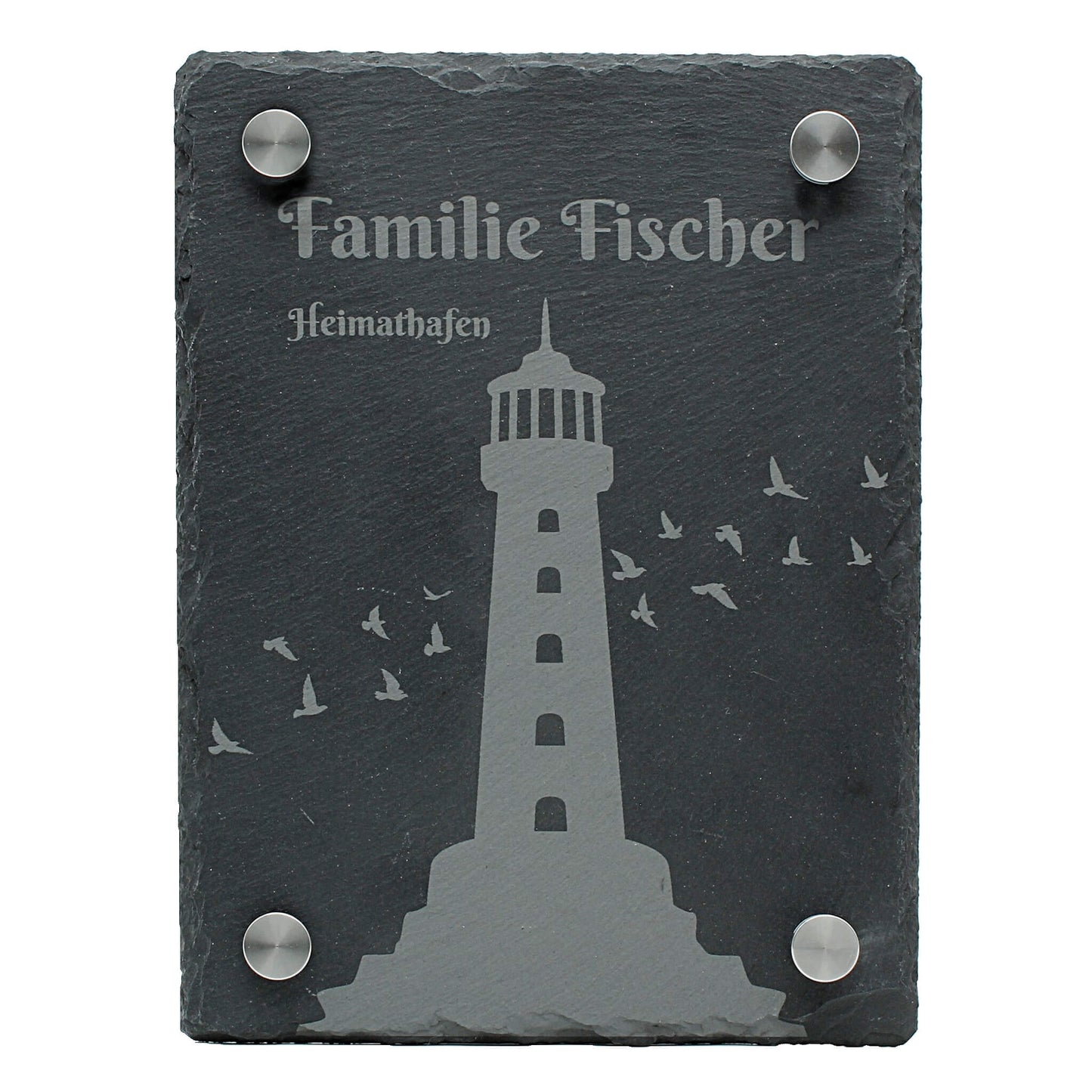 Personalisierbares Schiefertürschild hochkant mit Familienname und Motiven wie Hund, Katze, Blumen und Stern