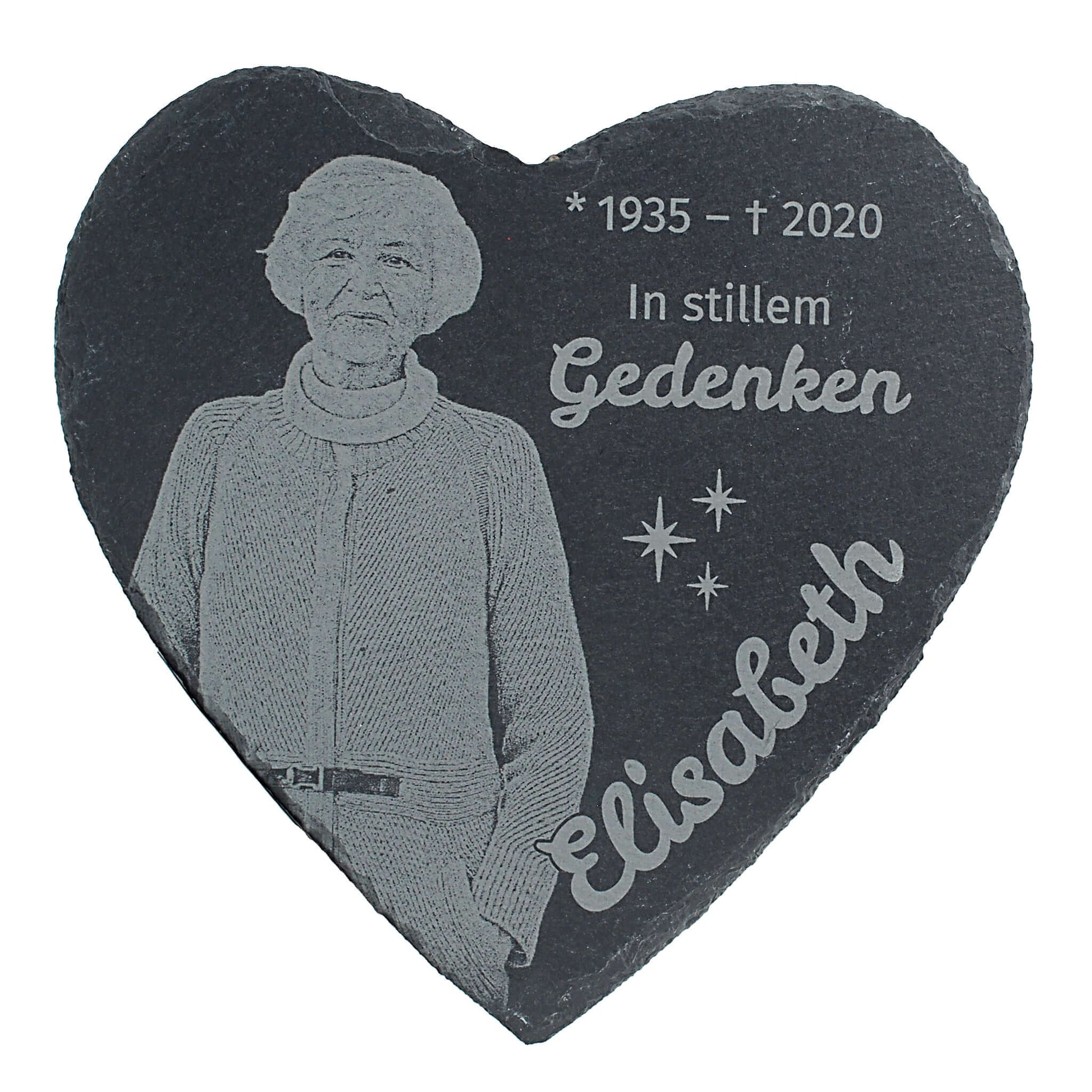 Herzförmige Schiefer-Gedenktafel mit individueller Gravur und persönlichem Foto – stilvolles Erinnerungsstück für Verstorbene.