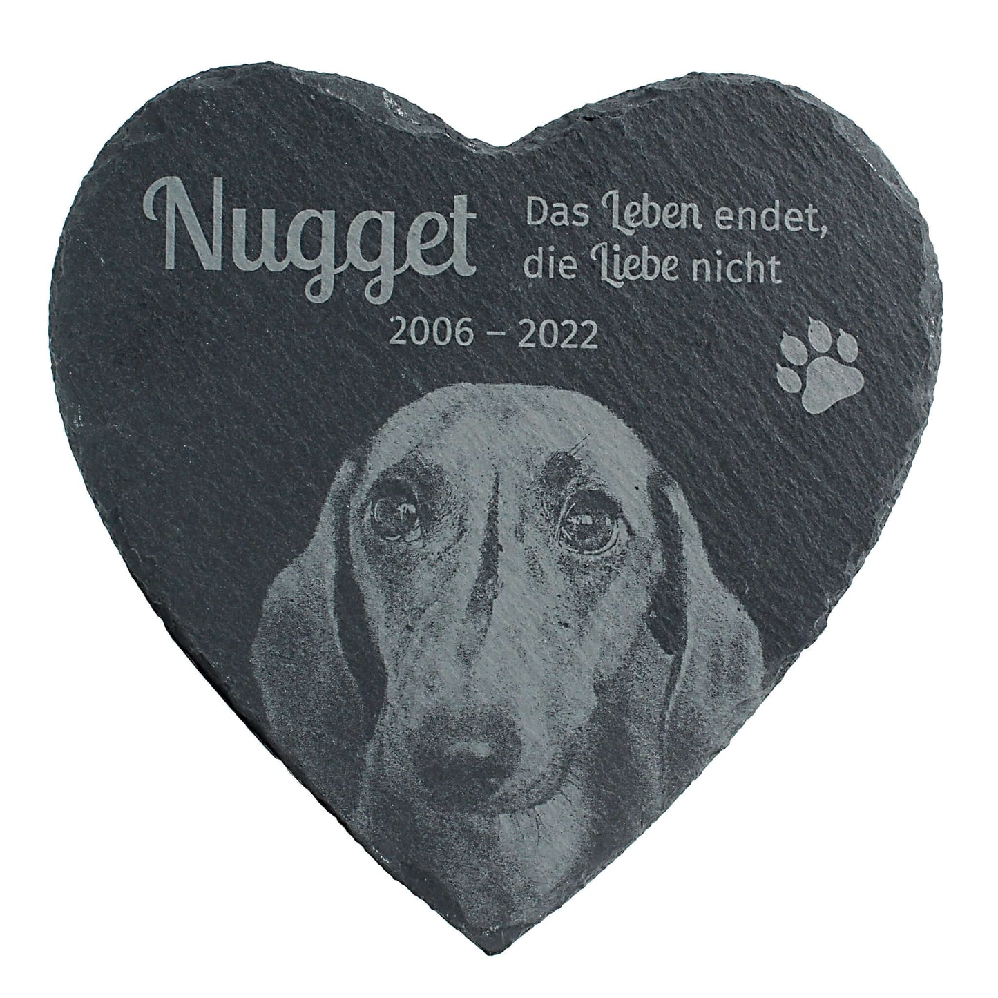 Personalisierbare herzförmige Schiefertafel für Haustiere – mit Gravur von Foto, Name, Spruch und Datum.