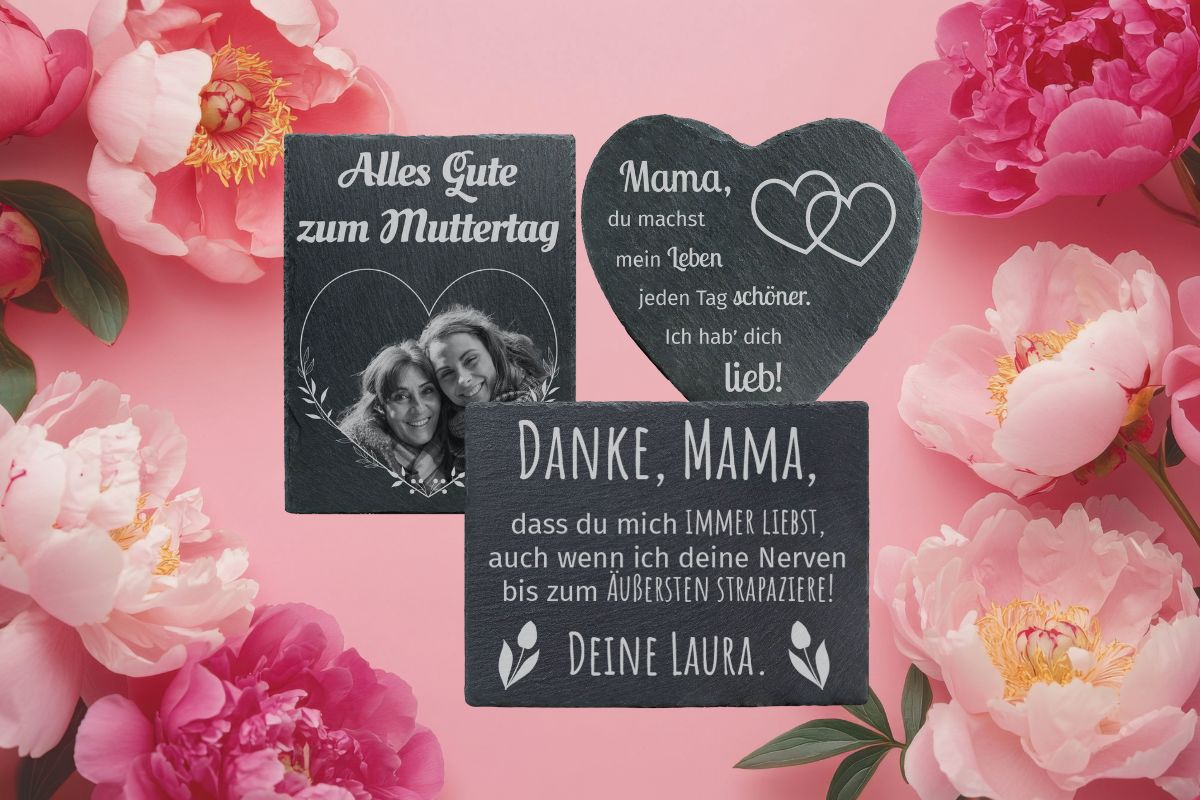 Individuell gelasertes Muttertagsgeschenk aus Schiefer – personalisierte Gravur auf natürlichem Stein