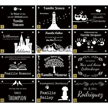 Personalisierbares Schiefertürschild rechteckig quer mit Familiennamen, graviert mit Motiven wie Hund, Katze, Blumen, Vogel, Stern und Baum
